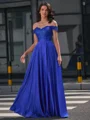 A-line Off-the-Shoulder Appliques Lace Floor-Length Satin Chiffon Dress