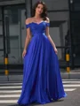 A-line Off-the-Shoulder Appliques Lace Floor-Length Satin Chiffon Dress