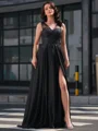 A-line V-neck Appliques Lace Sweep Train Satin Chiffon Dress