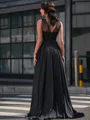 A-line V-neck Appliques Lace Sweep Train Satin Chiffon Dress