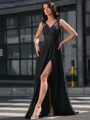 A-line V-neck Appliques Lace Sweep Train Satin Chiffon Dress