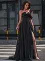 A-line One-Shoulder Appliques Lace Sweep Train Chiffon Corset Dress