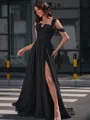 A-line One-Shoulder Appliques Lace Sweep Train Chiffon Corset Dress