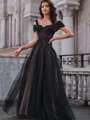 A-line Cold Shoulder Appliques Lace Sweep Train Tulle Corset Dress