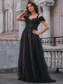 A-line Cold Shoulder Appliques Lace Sweep Train Tulle Corset Dress