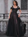 A-line Cold Shoulder Appliques Lace Sweep Train Tulle Corset Dress