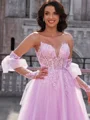 A-line Sweetheart Long Sleeves Appliques Lace Sweep Train Tulle Corset Dress
