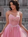 A-line Sweetheart Appliques Lace Sweep Train Tulle Corset Dress
