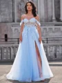 A-line Off-the-Shoulder Appliques Lace Court Train Tulle Corset Dress