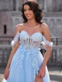 A-line Off-the-Shoulder Appliques Lace Court Train Tulle Corset Dress