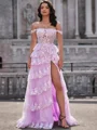 A-line Off-the-Shoulder Appliques Lace Sweep Train Tulle Corset Dress