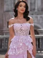 A-line Off-the-Shoulder Appliques Lace Sweep Train Tulle Corset Dress