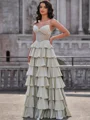 A-line Sweetheart Cascading Ruffles Floor-Length Stretch Crepe Corset Dress
