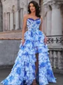 A-line Sweetheart Cascading Ruffles Sweep Train Corset Dress