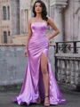 Sheath Straight Pleated Sweep Train Silk Like Satin Corset Dress