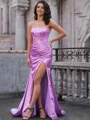 Sheath Straight Pleated Sweep Train Silk Like Satin Corset Dress