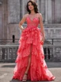 A-line V-neck Appliques Lace Court Train Tulle Corset Dress