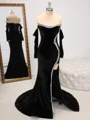 Sheath Straight Long Sleeves Rhinestone Sweep Train Velvet Dress