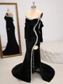 Sheath Straight Long Sleeves Rhinestone Sweep Train Velvet Dress