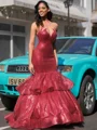 Mermaid Scoop Cascading Ruffles Sweep Train Sequins Dress