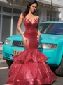 Mermaid Scoop Cascading Ruffles Sweep Train Sequins Dress