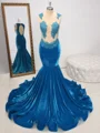 Mermaid Scoop Appliques Lace Sweep Train Velvet Dress