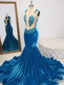 Mermaid Scoop Appliques Lace Sweep Train Velvet Dress