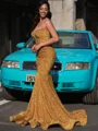 Mermaid Straight Beading Sweep Train Velvet Sequins Dress