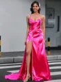 Sheath One-Shoulder Beading Sweep Train Silk Like Satin Dress