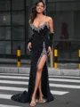 Sheath V-neck Long Sleeves Beading Court Train Velvet Sequins Dress