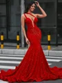 Mermaid One-Shoulder Court Train Velvet Sequins Dress