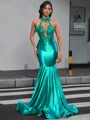 Mermaid Halter Appliques Lace Floor-Length Jersey Dress