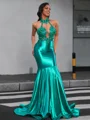 Mermaid Halter Appliques Lace Floor-Length Jersey Dress