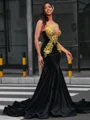 Mermaid One-Shoulder Long Sleeves Appliques Lace Floor-Length Velvet Dress