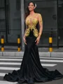 Mermaid One-Shoulder Long Sleeves Appliques Lace Floor-Length Velvet Dress