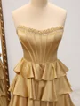 A-line Straight Cascading Ruffles Sweep Train Silk Like Satin Corset Dress