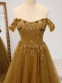 A-line Off-the-Shoulder Appliques Lace Sweep Train Tulle Corset Dress