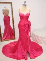 Sheath V-neck Bow Court Train Silk Like Satin Corset Dress