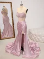 Sheath Straight Rhinestone Sweep Train Silk Like Satin Corset Dress