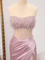 Sheath Straight Rhinestone Sweep Train Silk Like Satin Corset Dress