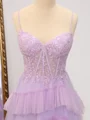 A-line Spaghetti Straps Appliques Lace Sweep Train Tulle Corset Dress