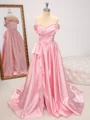 A-line Off-the-Shoulder Ruffles Sweep Train Silk Like Satin Dress