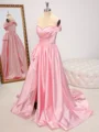 A-line Off-the-Shoulder Ruffles Sweep Train Silk Like Satin Dress
