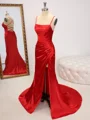 Sheath Spaghetti Straps Pleated Sweep Train Silk Like Satin Dress