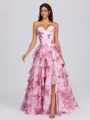 A-line Sweetheart Cascading Ruffles Sweep Train Corset Dress