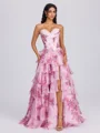 A-line Sweetheart Cascading Ruffles Sweep Train Corset Dress