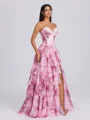 A-line Sweetheart Cascading Ruffles Sweep Train Corset Dress