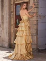 A-line Straight Cascading Ruffles Sweep Train Silk Like Satin Corset Dress