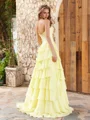 A-line Sweetheart Cascading Ruffles Sweep Train Chiffon Corset Dress