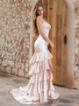 Sheath Straight Appliques Lace Court Train Silk Like Satin Corset Dress